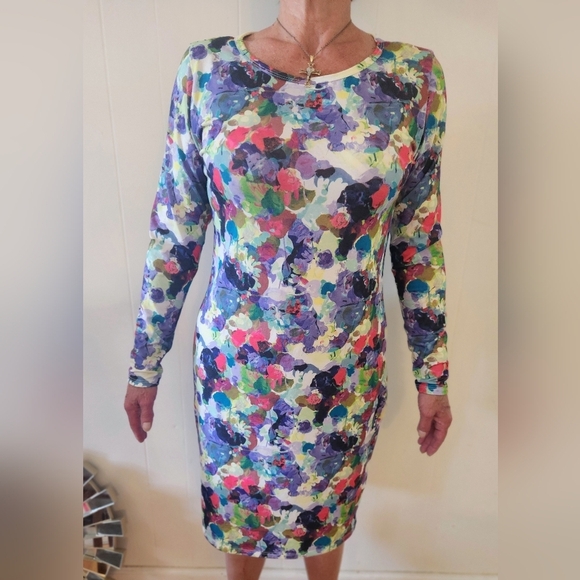 BODYCON dress SIZE LARGE ABSTRAC5 FLORAL WATERCOLOR ARTSY Stunning Vibrant - Picture 2 of 6